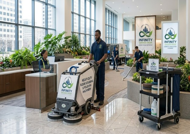 Infinity Services Group technician operating heavy-duty floor scrubbing machinery