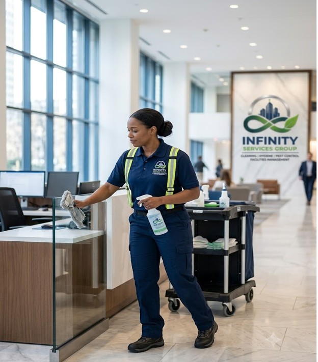 Infinity Services Group cleaning team at work in a corporate lobby